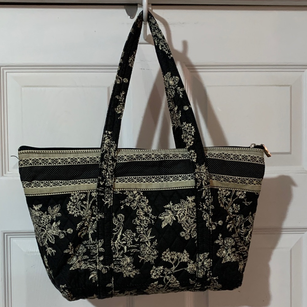 Sharif Black and Cream Floral Tote Bag